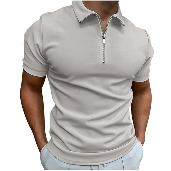YYDGH Mens Zipper Polo Shirt Knit Casual Quarter Zip Tee Shirt Vintage Short Sleeve Collared T Shirt Summer Pullover Tshirt Gray L