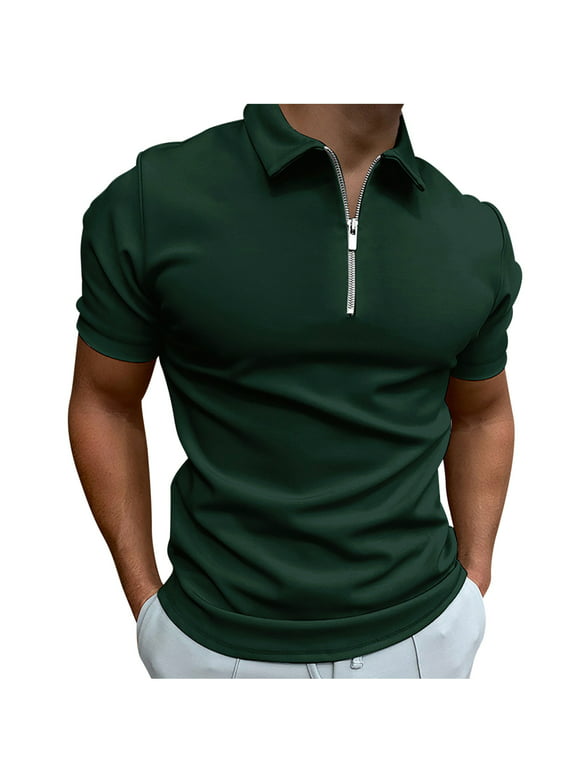 YYDGH Mens Zipper Polo Shirt Knit Casual Quarter Zip Tee Shirt Vintage Short Sleeve Collared T Shirt Summer Pullover Tshirt Green M