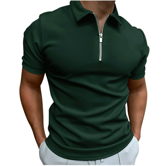YYDGH Mens Zipper Polo Shirt Knit Casual Quarter Zip Tee Shirt Vintage Short Sleeve Collared T Shirt Summer Pullover Tshirt Green XL