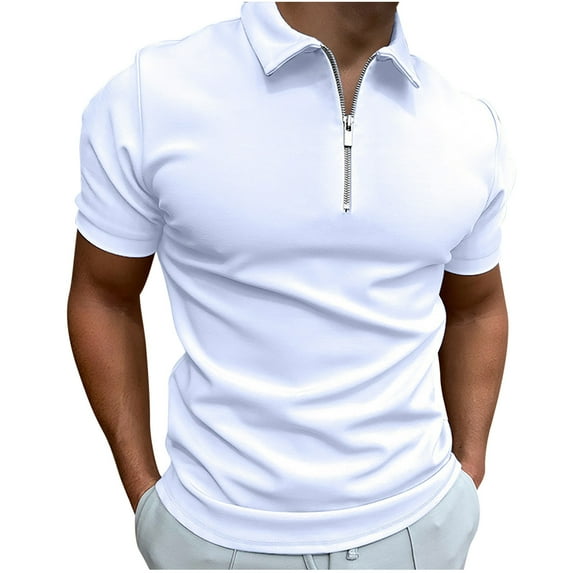 YYDGH Mens Zipper Polo Shirt Knit Casual Quarter Zip Tee Shirt Vintage Short Sleeve Collared T Shirt Summer Pullover Tshirt White M