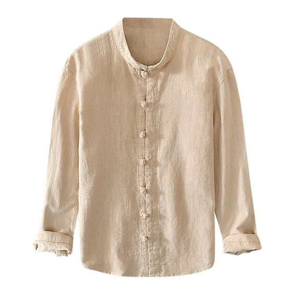 YYDGH Mens long sleeve Cotton Shirt Button up Loose Fit Vintage Shirts Banded Collar Tops Solid Color Breathable Shirt