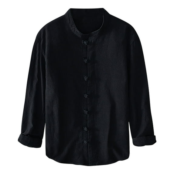 YYDGH Mens long sleeve Cotton Shirt Button up Loose Fit Vintage Shirts Banded Collar Tops Solid Color Breathable Shirt