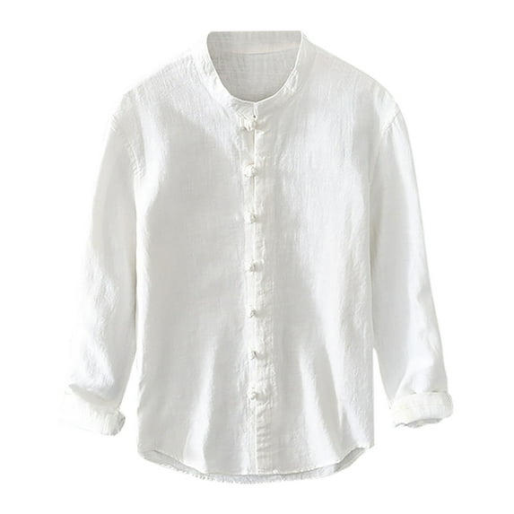 YYDGH Mens long sleeve Cotton Shirt Button up Loose Fit Vintage Shirts Banded Collar Tops Solid Color Breathable Shirt