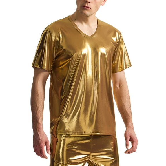 YYDGH Metallic T-Shirt for Men's V-Neck Short Sleeve Shirs Shiny Nightclub Party Sparkly Tee Tops