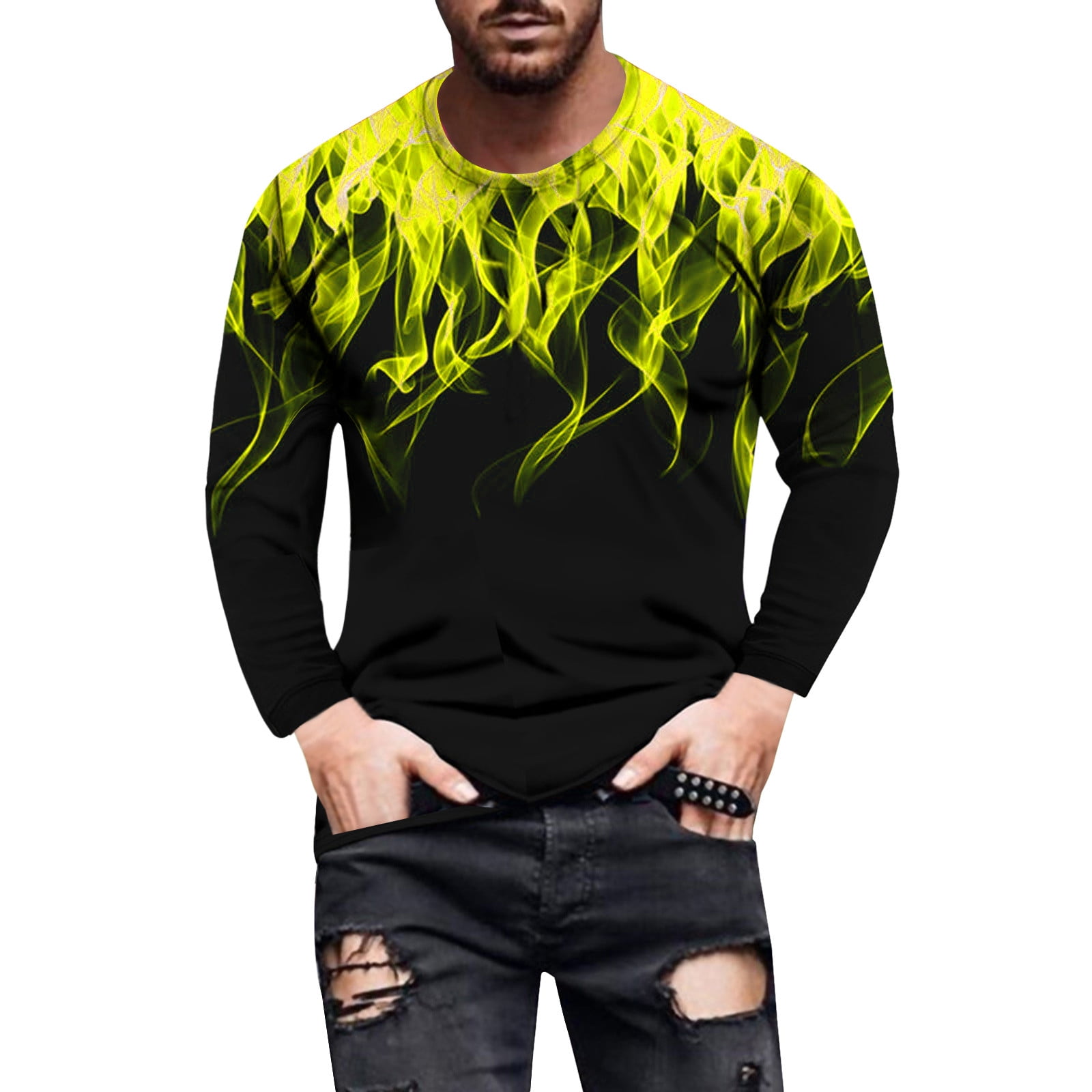 YYDGH On Clearance Long Sleeve 3D Flame Tee Shirts for Men,Mens Graphic T-Shirts  Fashion Casual Printed O-Neck Sport Athletic Pullover T-Shirt(Green,4XL) 