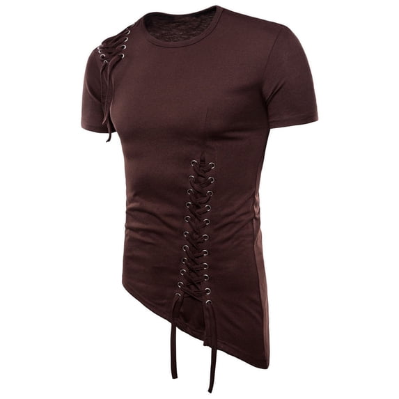 YYDGH Men Summer Short Sleeve T-Shirt with Irregular Design Knitting Braided Rope Blouse Comfortable Slim Pullover Shirt(Coffee,XXL)