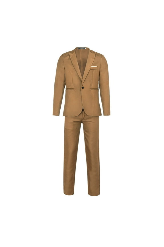 Men's 2 Pieces Business Suit 1 Buttons Slim Solid Color Jacket Tuxedo Suits set Elegant Wedding Formal Blazer Pants Set(Khaki,L)