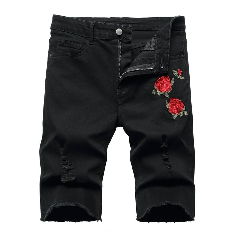 YYDGH On Clearance Men's Casual Denim Shorts Distressed Stretchy Jeans  Shorts Flower Print Ripped Short Pants(No Belt)(Black,L) 