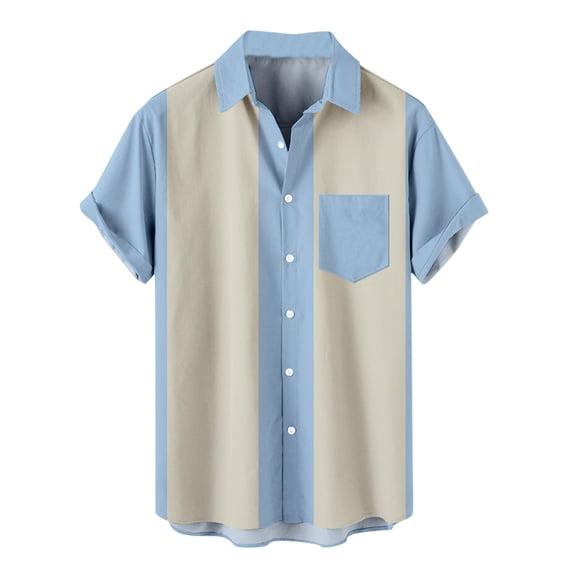 YYDGH On Clearance Men's Color Block Shirt Short Sleeve Button Down Tees Tops Summer Hawaiian Aloha Beach Shirts with Pocket(Light Blue,XL)