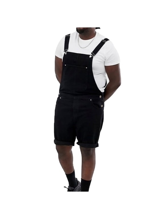 Men's Fashion Overalls Shorts Casual Slim Fit Romper Washed Denim Bib Shortalls with Pockets(Black,S)
