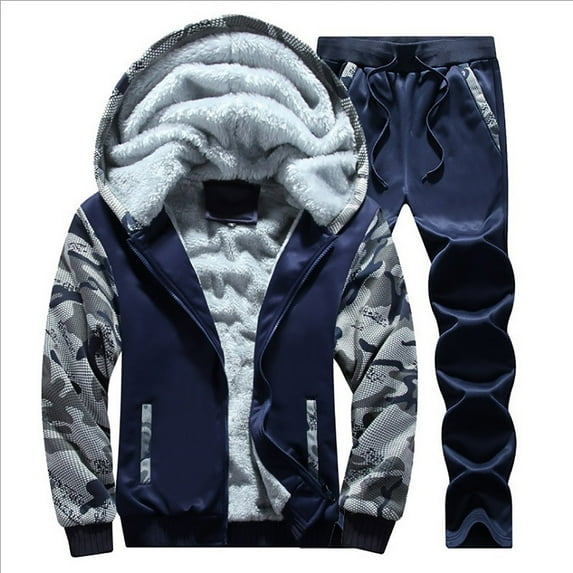YYDGH Men's Fleece Tracksuit Hooded Thick Jogging Sweat Suits Winter Warm Pullover Coats 2 Pieces Outfits Set(Dark Blue,XXL)