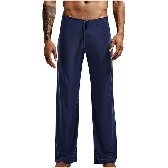 YYDGH Men's Ice Silk Long Yoga Pants Lounge Low Rise Trousers Sleepwear Bottoms with Drawstring(Dark Blue,XL)