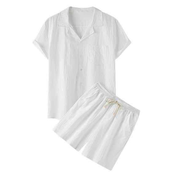 YYDGH Men's Linen Summer Tracksuit 2 Pieces Casual Activewear Short Sleeve Button Up Beach Shirts and 2 Piece Short Set(White,L)