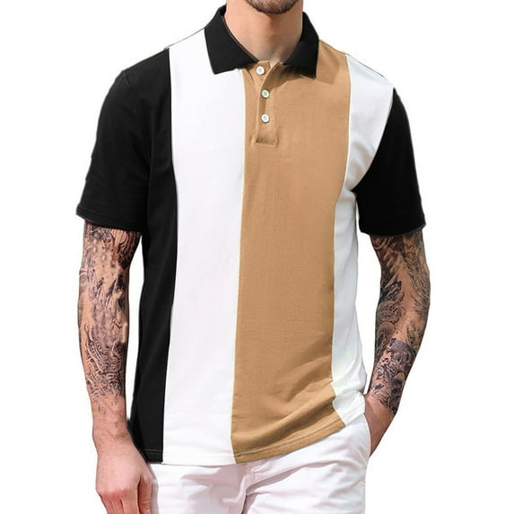 YYDGH Men's Summer Golf Polo Shirt Short Sleeve Regular Fit Stripe Tee Tops Lightweight Color Block Patchwork T Shirts(Khaki,XL)