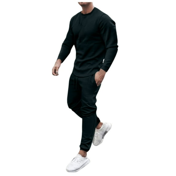 YYDGH Men's Tracksuit Long Sleeve Round Neck Sweatshirts Tops Drawstring Pants Set Two Piece Sweatsuits Outfits Sports Suit(Black,XXL)