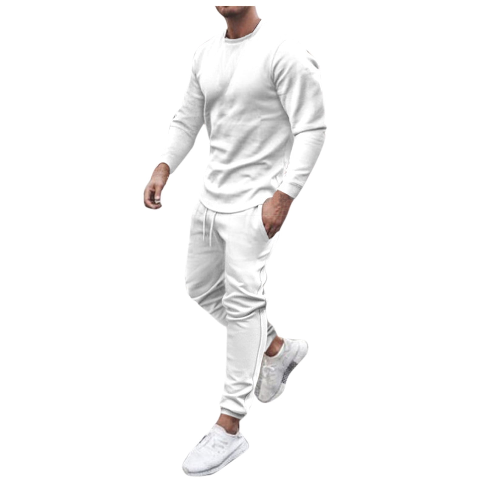 YYDGH On Clearance Men s Tracksuit Long Sleeve Round Neck Sweatshirts Tops Drawstring Pants Set Two Piece Sweatsuits Outfits Sports Suit White 3XL