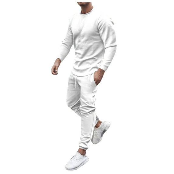 YYDGH Men's Tracksuit Long Sleeve Round Neck Sweatshirts Tops Drawstring Pants Set Two Piece Sweatsuits Outfits Sports Suit(White,3XL)