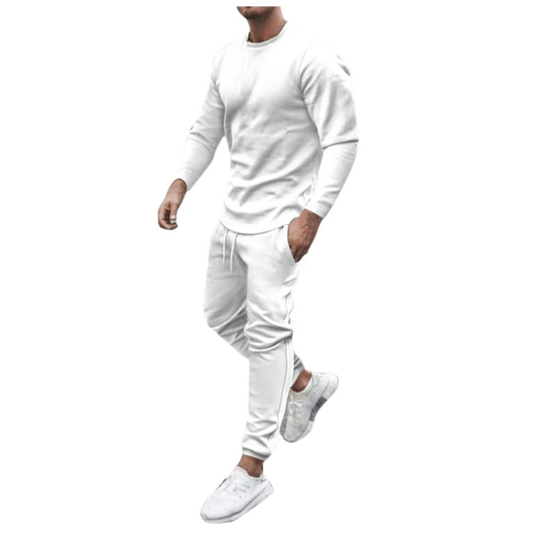 YYDGH On Clearance Men s Tracksuit Long Sleeve Round Neck Sweatshirts Tops Drawstring Pants Set Two Piece Sweatsuits Outfits Sports Suit White XXL