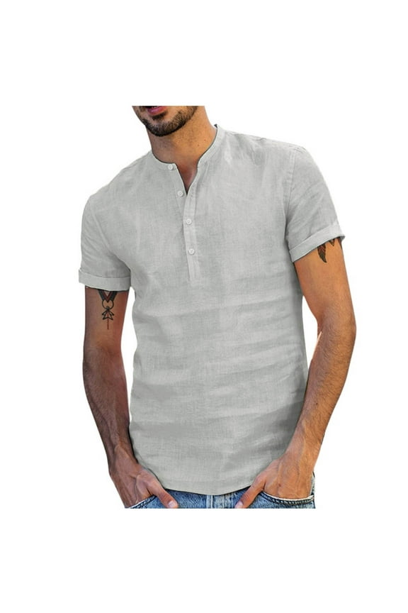 Mens Cotton Linen Henley Shirts Beach Short Sleeve Button Up Tops Lightweight Tees Plain Summer T Shirt(Gray,S)