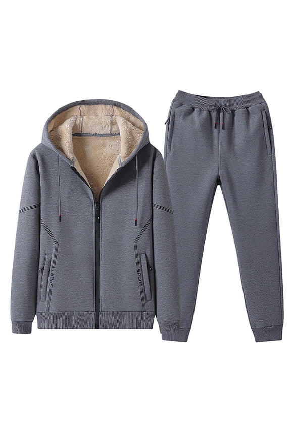 Mens Sherpa Fleece Lined Tracksuits 2 Piece Hooded Athletic Sweatsuits Plus Size Zip Hoodies Jogging Pants Sweat Suits(Gray,L)