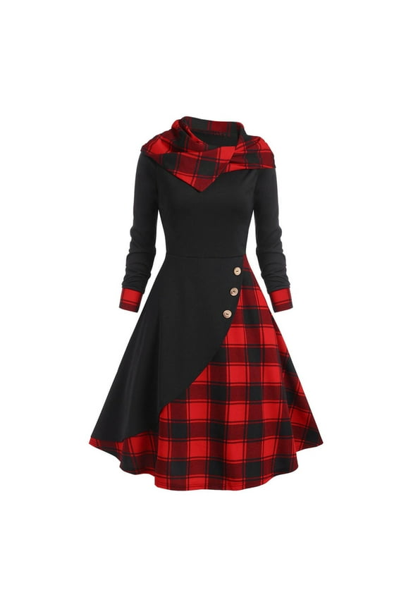 Women Dress Gothic Retro Plaid Dress Renaissance Long Sleeve Hooded Button Dress Medieval Dark Hoodie Dress(Red,S)