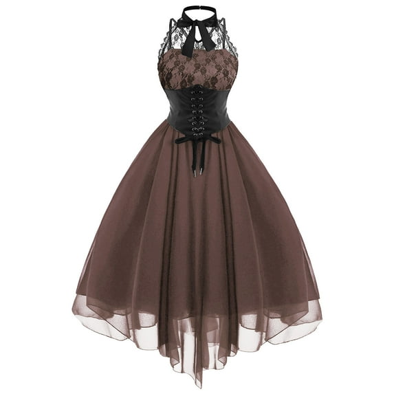 YYDGH Women's Sleeveless Gothic Dress with Corset Halter Lace Swing Cocktail Dress Formal Steampunk Punk Hippie Goth Dresses(10#Brown,M)