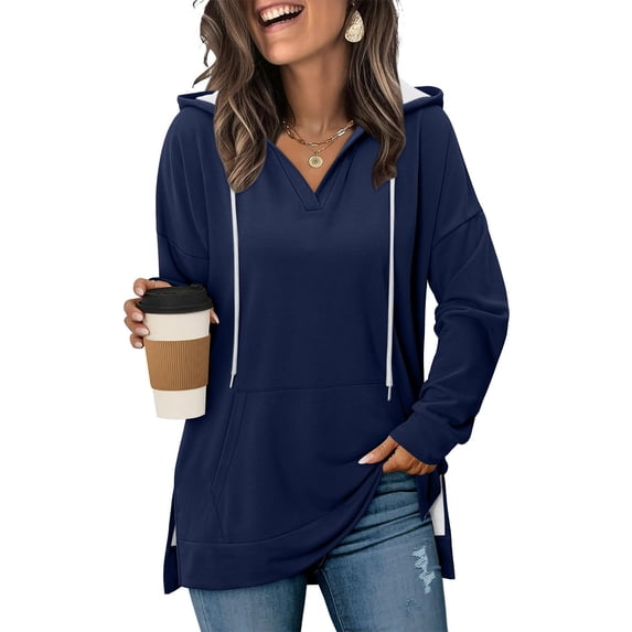 YYDGH Oversized Hoodies for Women V Neck Drawstring Sweatshirts Dress Casual Loose Fit Side Slit Hooded Pullover Tops Navy Blue M