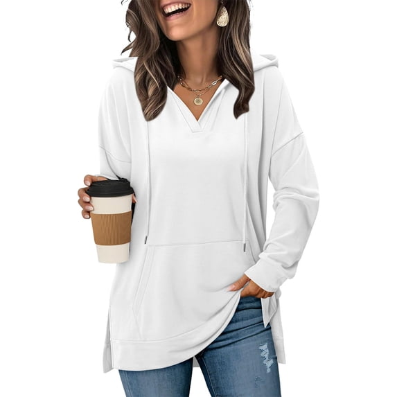 YYDGH Oversized Hoodies for Women V Neck Drawstring Sweatshirts Dress Casual Loose Fit Side Slit Hooded Pullover Tops White XXL