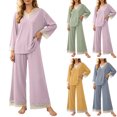thumbnail image 1 of YYDGH Pajamas Sets for Women Two Piece Lounge Outfits Lace Trim V Neck Top Long Sleeve Tops and Wide Leg Pants Sleepwear Loungewear Nightwear Suit, 1 of 7