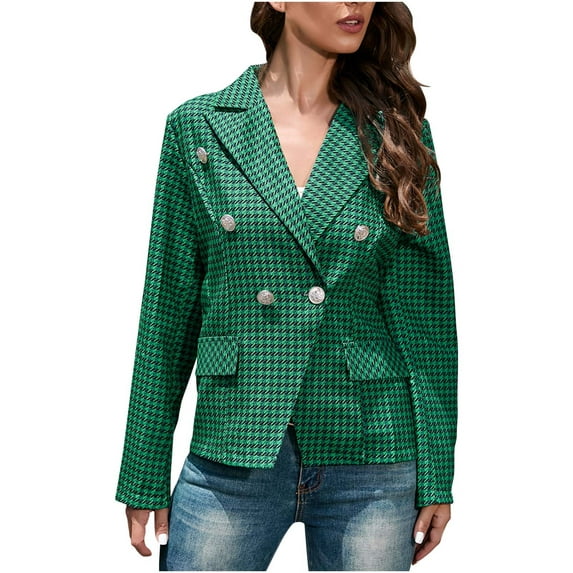 YYDGH Plaid Blazer for Womens Casual Front Open Long Sleeve Double Breasted Jacket Lapel Collar Coat Suit Green L