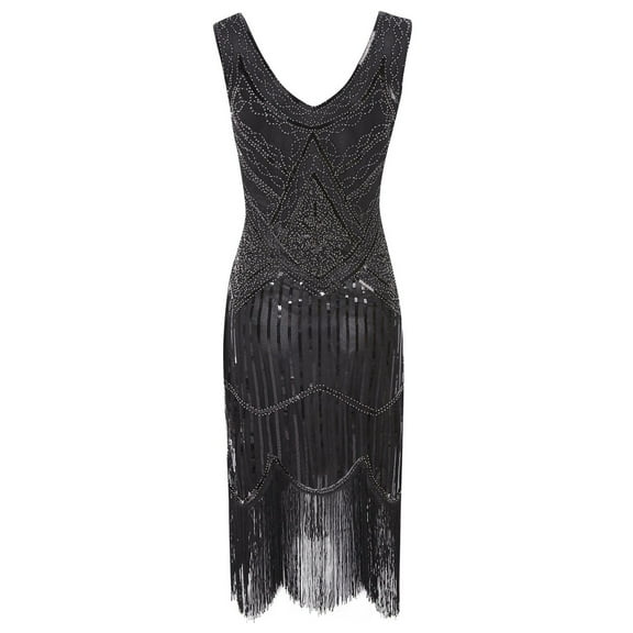 YYDGH Plus Size 1920s Vintage Fringed Sequin Beaded Tassels Hem Flapper Dress for Women Cocktail Party Dresses Black M