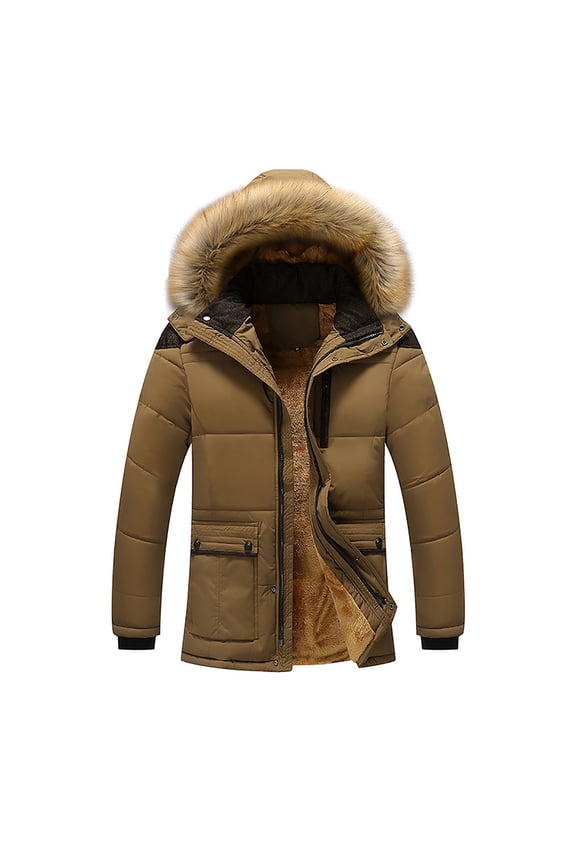 Plus Size Fleece Jacket for Men, Winter Windproof Thermal Coat with Removable Hood, Padded Heavy Outercoat Khaki M