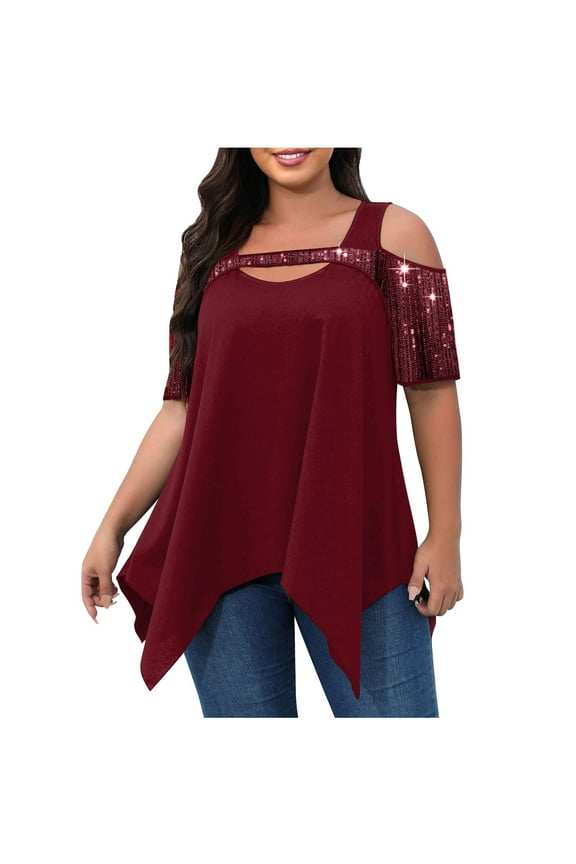 Plus Size Tops for Women Cold Shoulder Sequins Summer T Shirts Short Sleeve Asymmetrical Hem Blouses Wine Red L