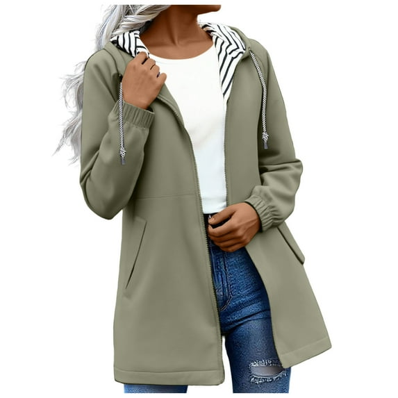 YYDGH Rain Jacket Women Waterproof Windbreaker Lightweight Jackets with Pockets Striped Lined Hood Z-Army Green L
