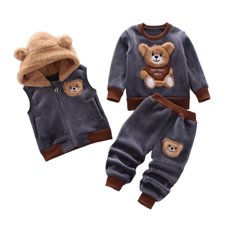 YYDGH Reduced Toddler Baby Girl Winter Warm Clothes Teddy Bear 3Pcs Outfits Set Long Sleeve Pullover Fleece Hooded Vest and Pants Dark Gray 1 2 Years
