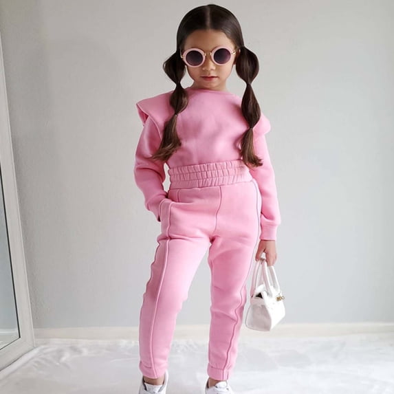 YYDGH Toddler Kids Girls Fleece Tracksuits Set Solid Color Long Sleeve Crewneck Pullover Sweatshirts Elastic Waist Pants and Tops Set(Pink,3-4 Years)
