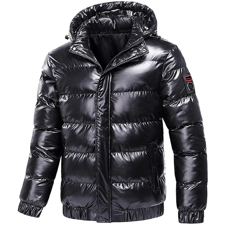 YYDGH Reduced Winter Warm Men Puffer Coat with Hood,Shiny Hooded Reflective  Padded Coat Plus Size Down Jacket Black 3XL