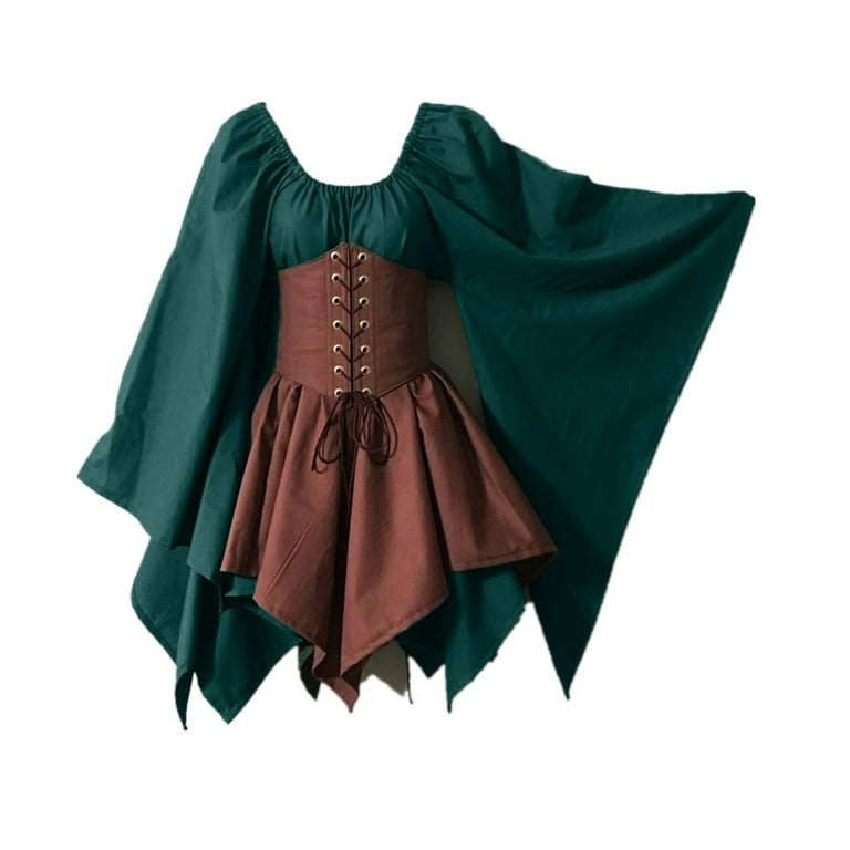YYDGH Renaissance Medieval Dress for Women Costume Bell Sleeve Corset Skirt  Overskirt Gown Green Khaki 3XL 