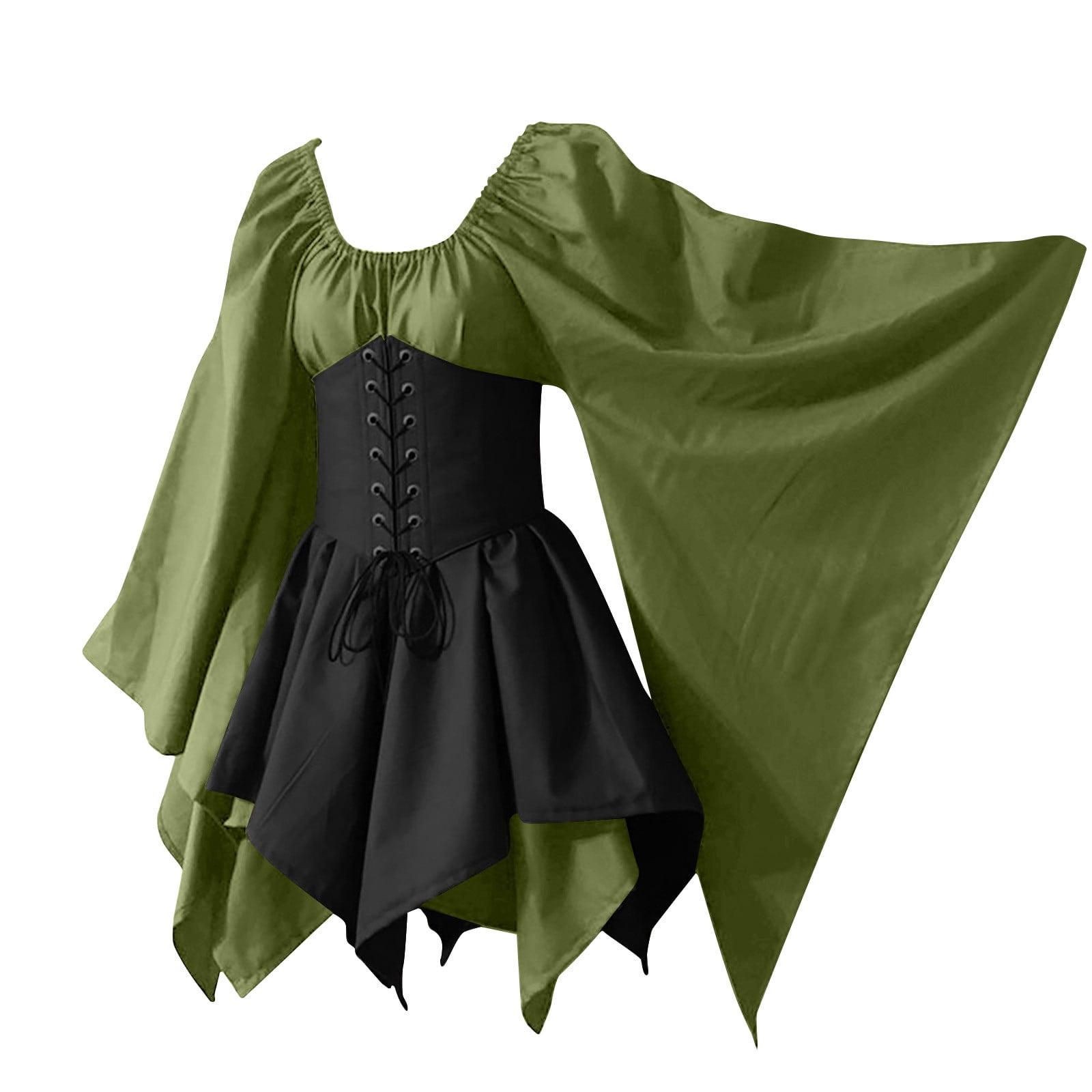 YYDGH Renaissance Medieval Dress for Women Costume Bell Sleeve Corset Skirt  Overskirt Gown Green XXL
