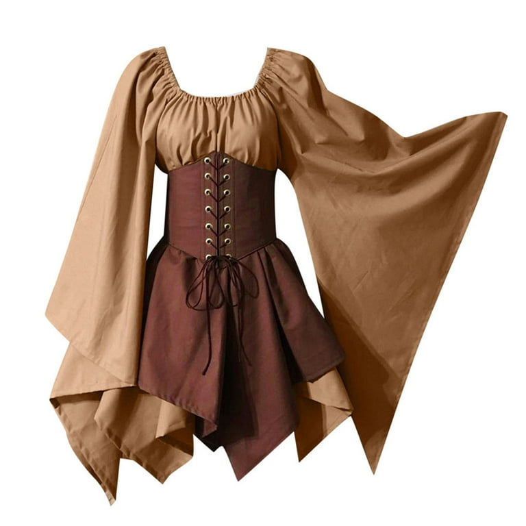YYDGH Renaissance Medieval Dress for Women Costume Bell Sleeve Corset Skirt  Overskirt Gown Khaki M
