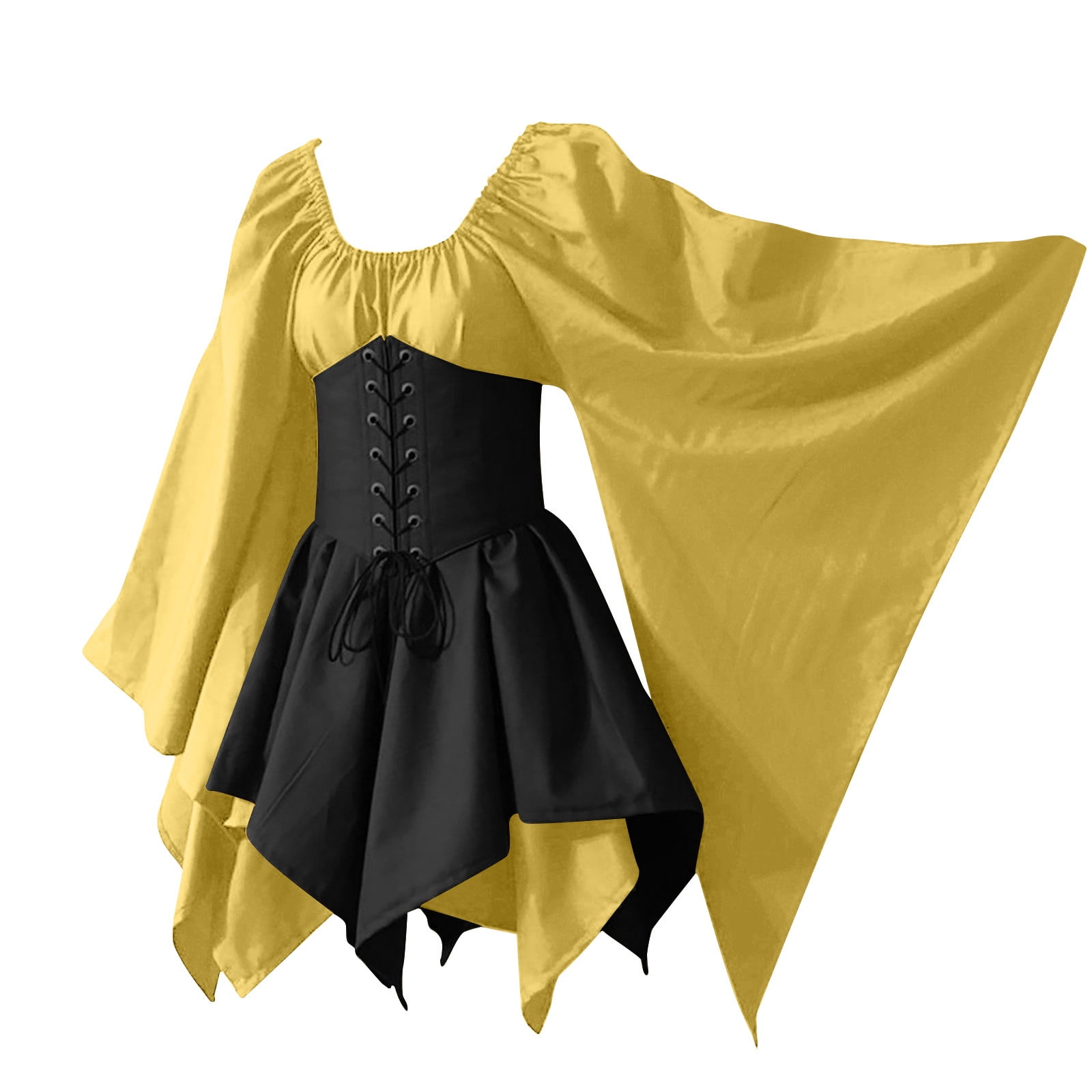 YYDGH Renaissance Medieval Dress for Women Costume Bell Sleeve Corset Skirt  Overskirt Gown Yellow XXL