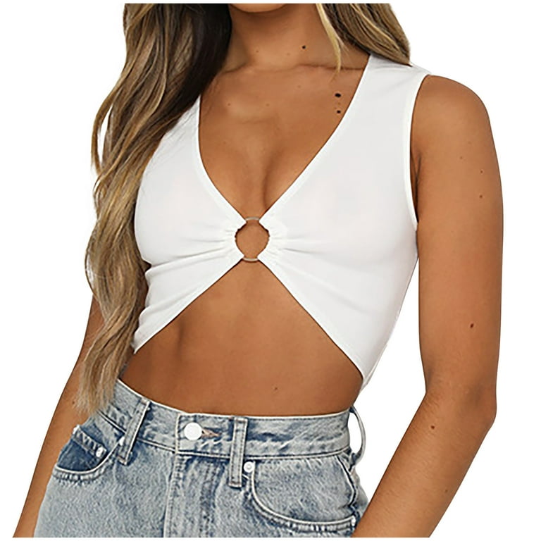 YYDGH Sexy Crop Tops for Women Sleeveless Deep V Neck Workout Tops Plunge  Ring Cropped Tank Top White S