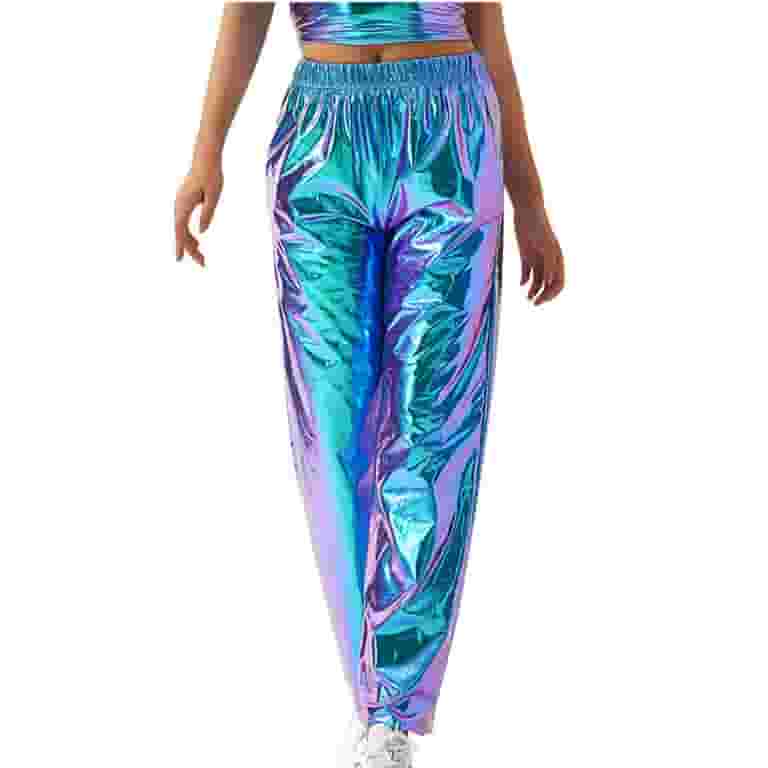 【HI FI FNK】(W) Mory Layered Pants YYDGH Shiny Metallic Pants for Women Elastic High Waist Wide