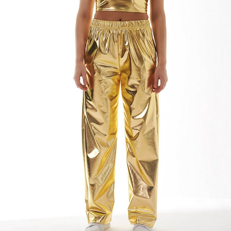 YYDGH Shiny Metallic Pants for Women Elastic High Waist Wide Leg Pants 70s  Disco Dance Party Trousers with Pockets Gold Gold 