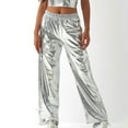 thumbnail image 1 of YYDGH Shiny Metallic Pants for Women Elastic High Waist Wide Leg Pants 70s Disco Dance Party Trousers with Pockets Silver Silver, 1 of 4