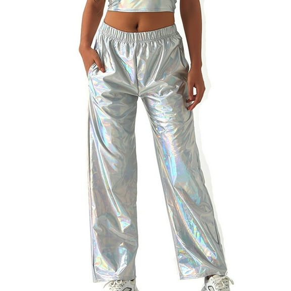 YYDGH Shiny Metallic Pants for Women Elastic High Waist Wide Leg Pants 70s Disco Dance Party Trousers with Pockets White White