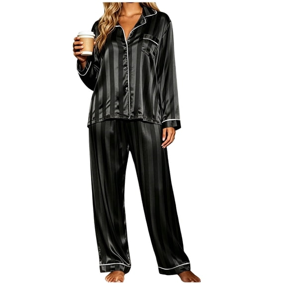 YYDGH Silk Satin Pajamas Set for Women Two Piece Lounge Outfits Striped Long Sleeve Button Down Shirt and Wide Leg Pant Loungewear Pjs Sleepwear Set