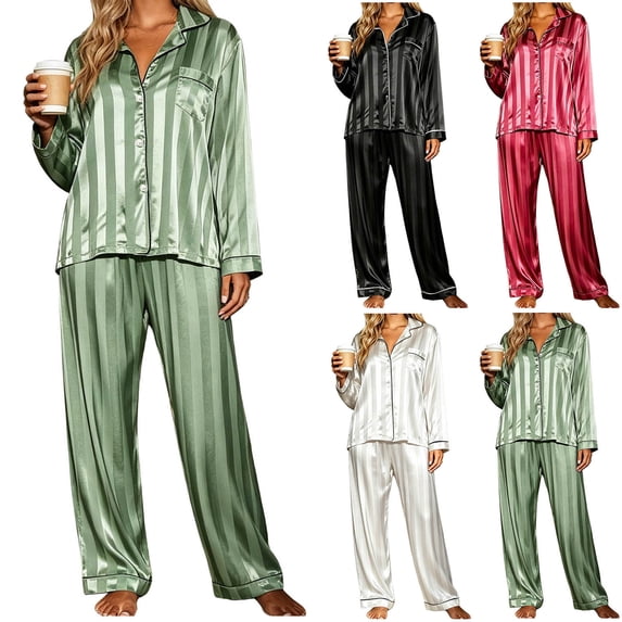 YYDGH Silk Satin Pajamas Set for Women Two Piece Lounge Outfits Striped Long Sleeve Button Down Shirt and Wide Leg Pant Loungewear Pjs Sleepwear Set