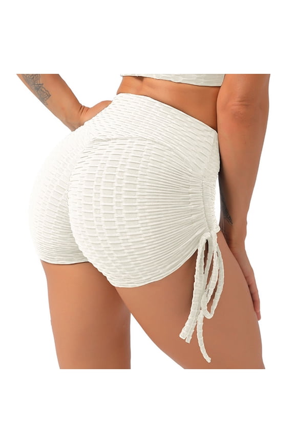Sports Booty Shorts for Women Side Drawstring High Waisted Yoga Shorts Bubble Textured Scrunch Butt Lifting Hot Short White S