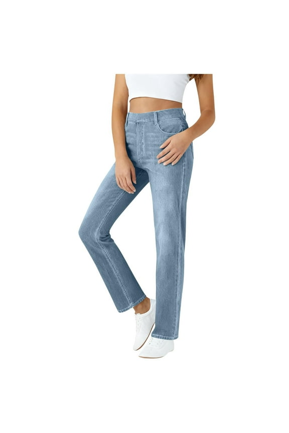 Straight Leg Jeans for Women Stretchy High Waisted Pull On Jeans Trendy Casual Bootcut Denim Pants with Pockets